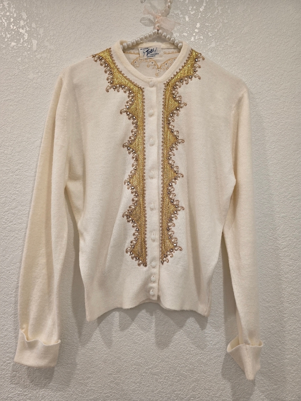 Vintage TOBI Of California 1950's Beaded  Cardigan Cream Gold